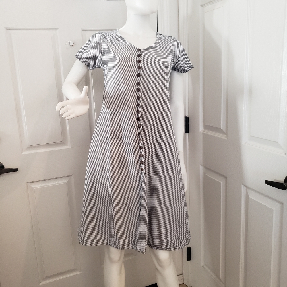 Handwoven w/ pockets, cotton dress large Ganesh Himal blue nautical stripe Nepal